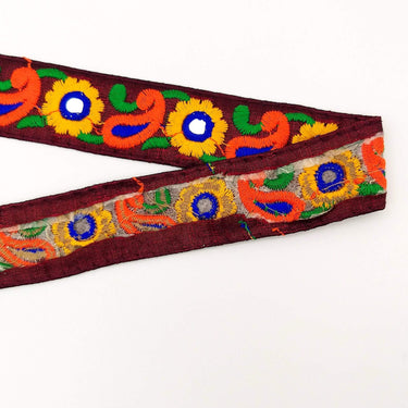 Deep Red Floral Mirrored Trim With Yellow Flowers And Orange Paisley Embroidery, Decorative Trimming, Trim By 3 Yards